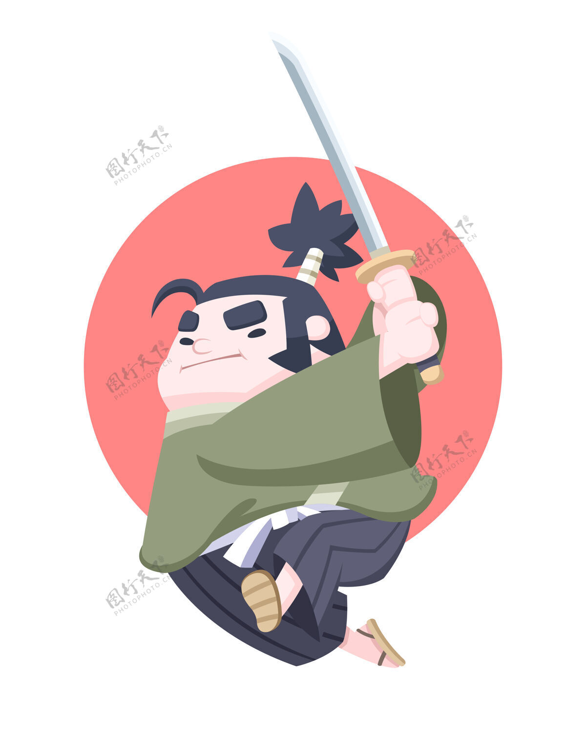 武士刀可爱的风格决定了日本胖乎乎的武士手拿武士刀跳卡通战士攻击战士