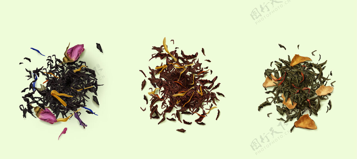 水果茶堆顶视图 各种各样的干叶和花有机草药作物