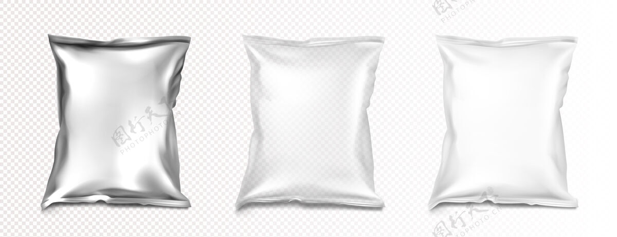 实物模型铝箔和塑料袋实物模型 空白白色 透明和银色金属色枕头包装实物模型现实金属袋