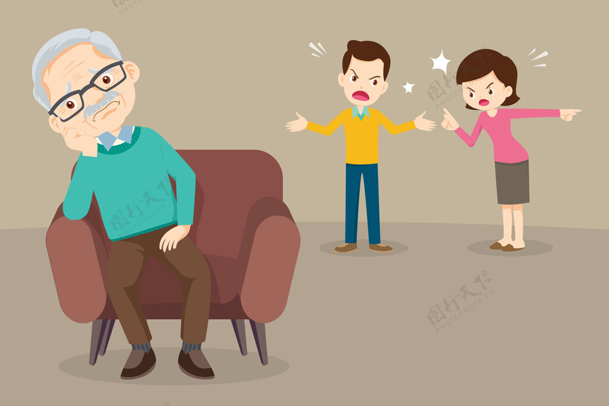 表情伤心的老人坐在沙发上不开心的家庭夫妻吵架人问题冲突