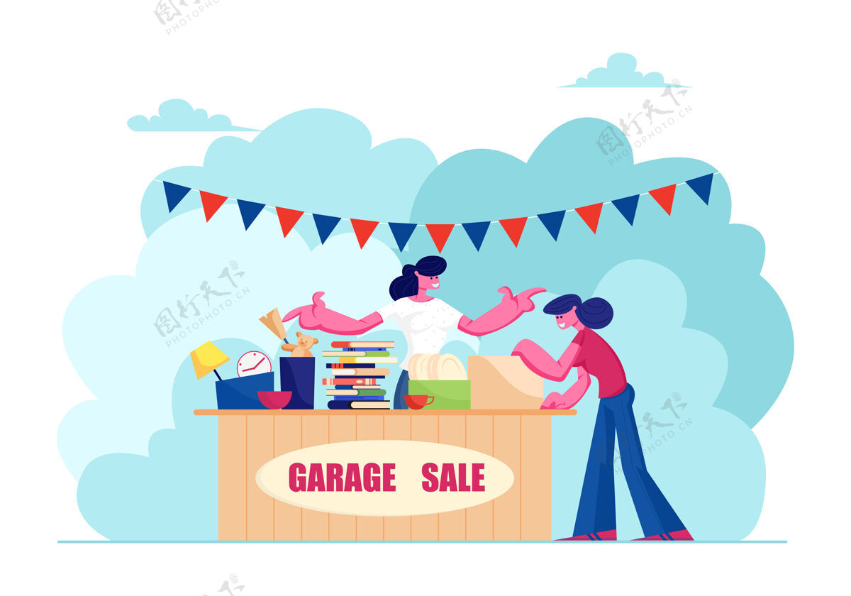 女人户外车库出售家庭用品 服装 书籍和玩具灯买家报价