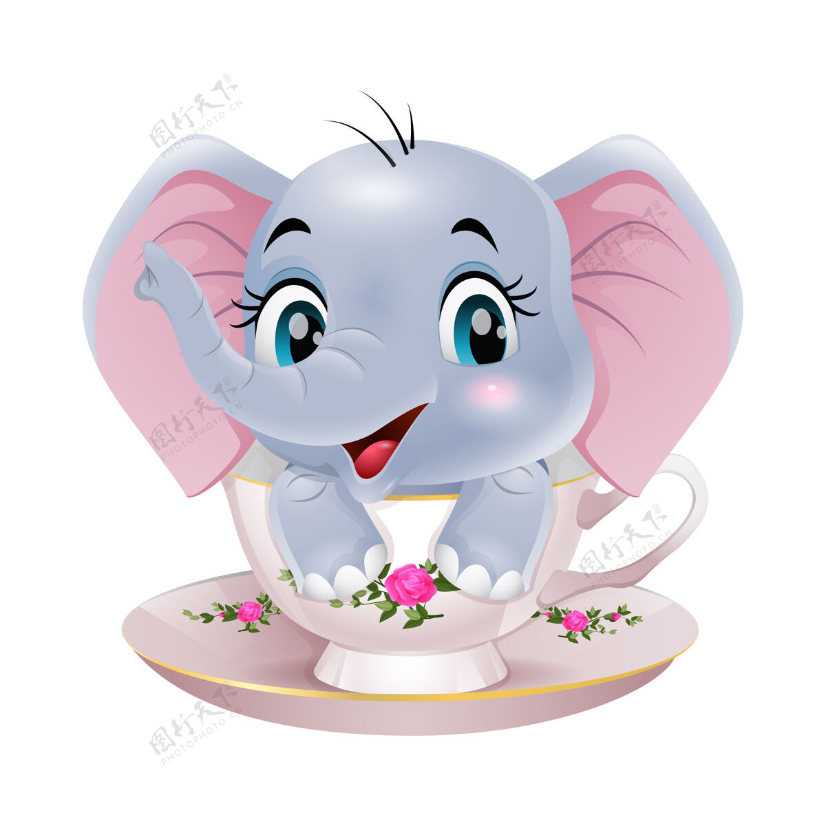 动物可爱的小象卡通坐在杯子里花花狩猎