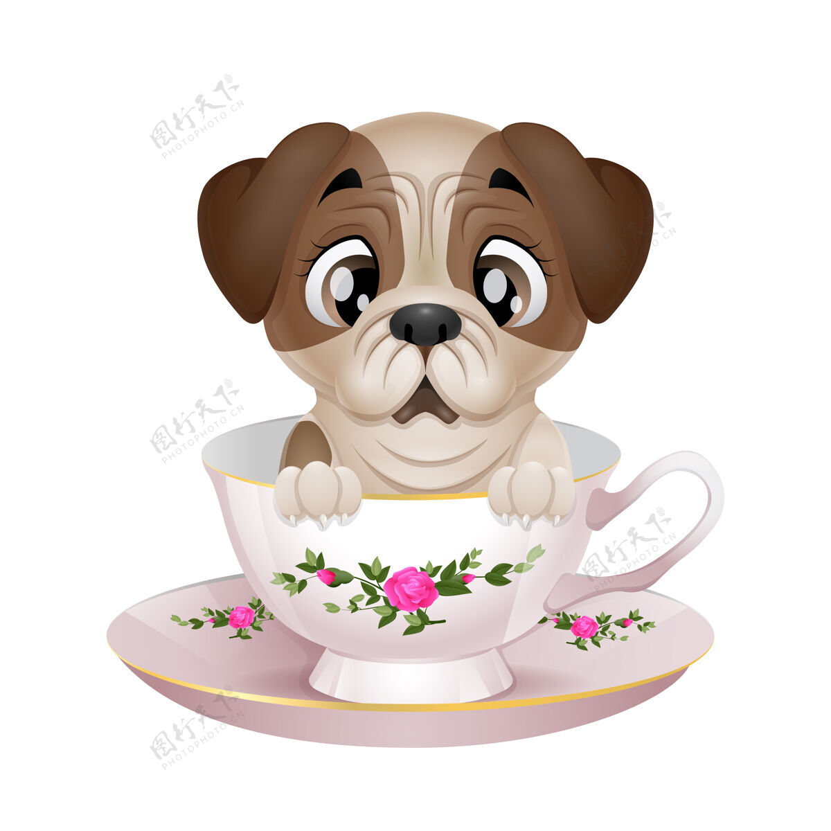 小狗可爱的小狗帕格卡通坐在杯子里杯子卡通动物