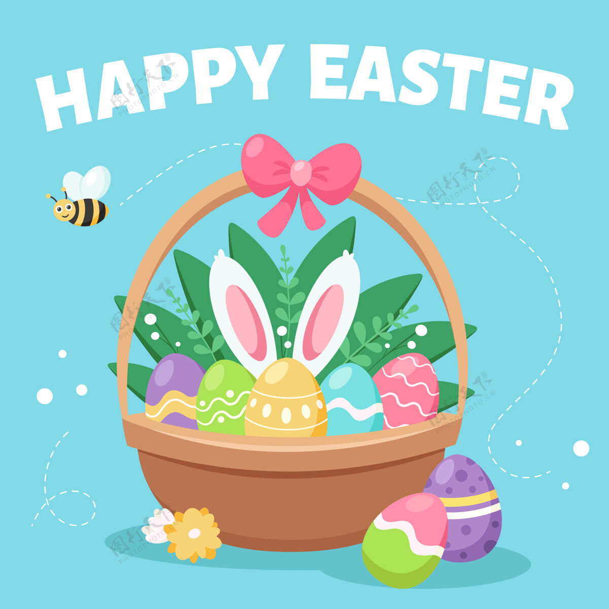 彩蛋复活节快乐贺卡装复活节彩蛋的篮子复活节彩蛋春天蜜蜂