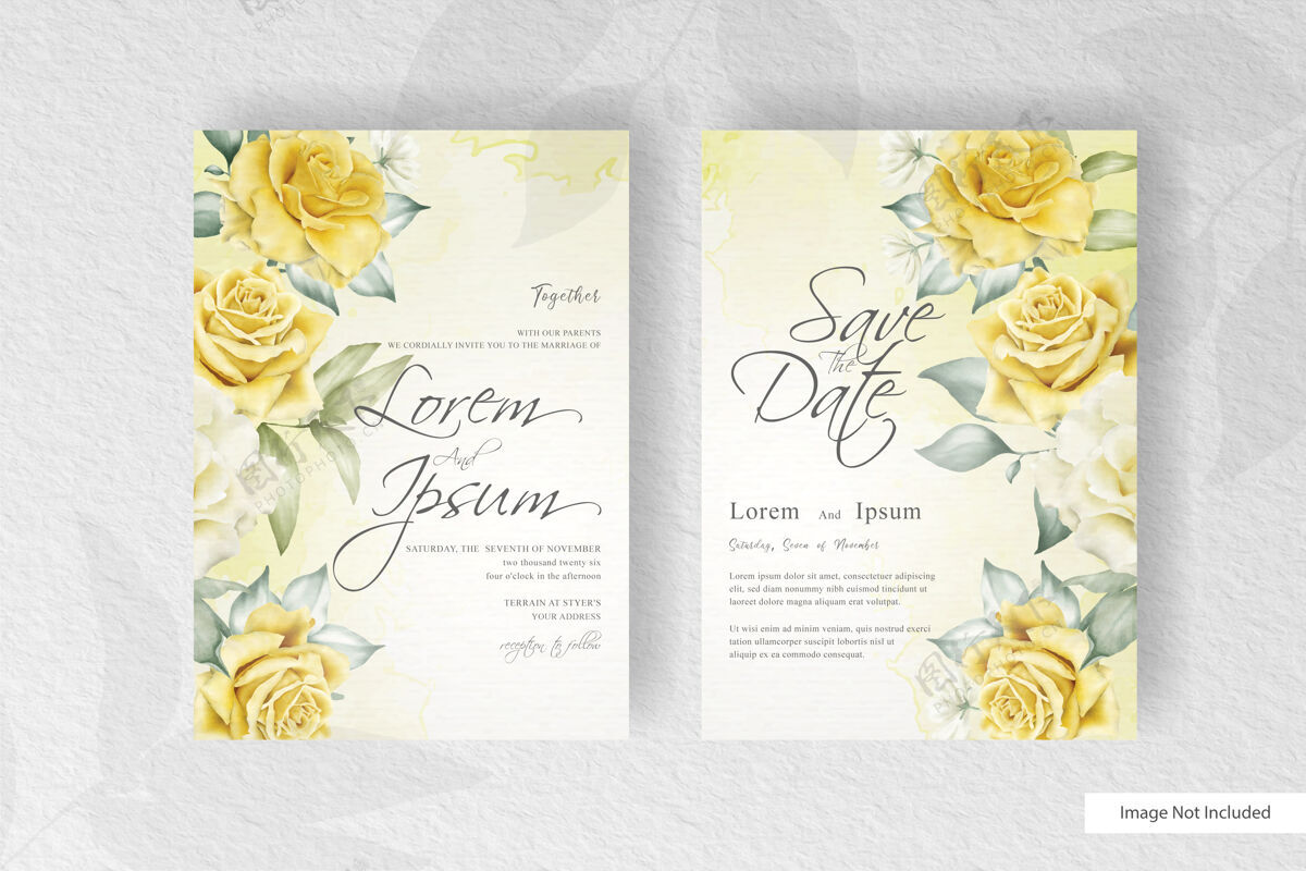 水彩简约水彩结婚卡模板与现实的花朵黄花套装花卉