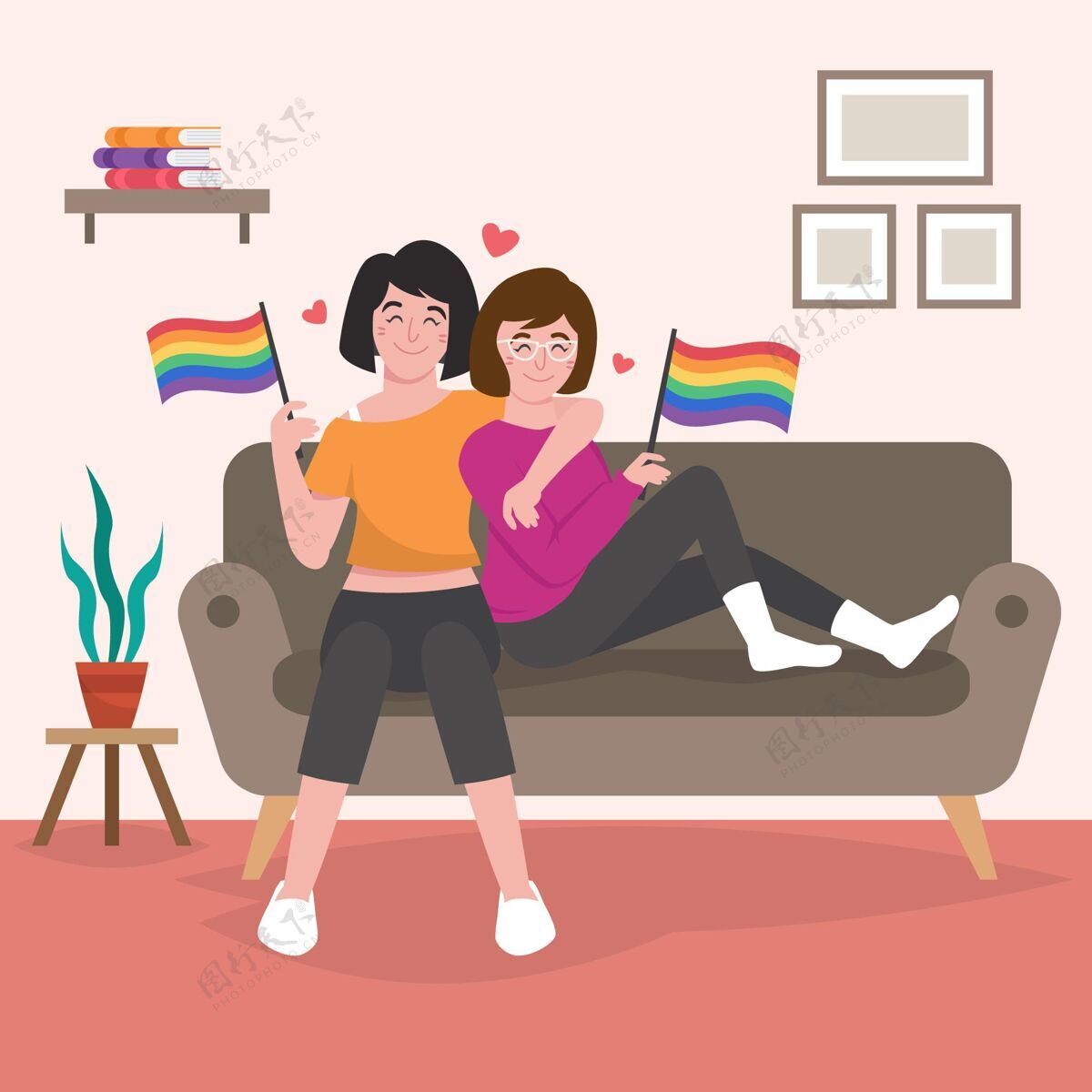 插图有机平面女同性恋夫妇插图与lgbt旗帜在一起双人女人