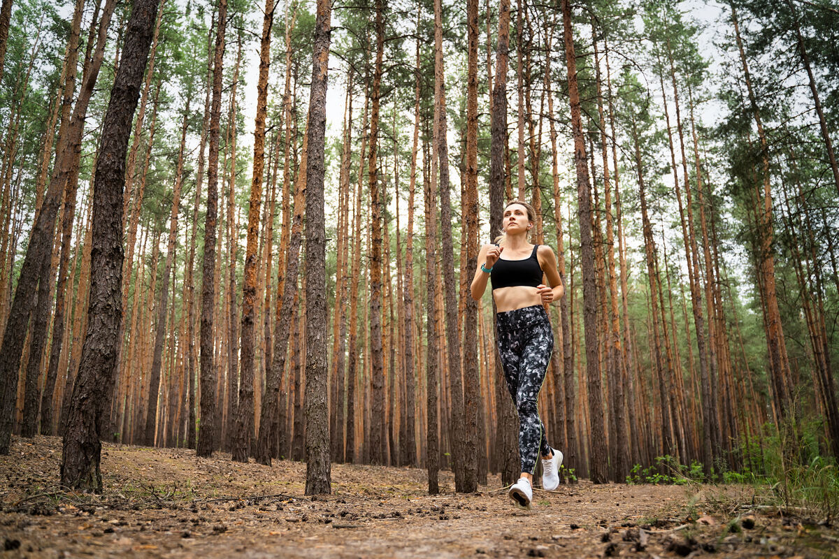 健康在美丽的野生松林中奔跑的女人积极的生活方式理念户外运动训练