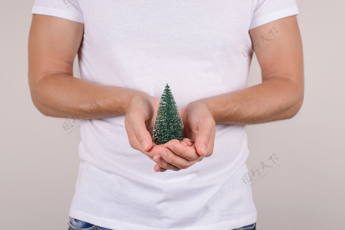 问候剪短特写查看图片小绿色与雪花圣诞树在手孤立的灰色墙壁保护惊喜常青树