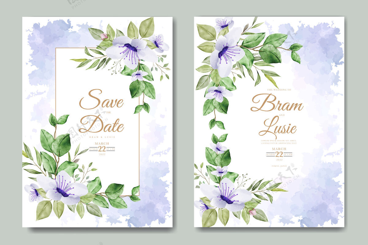 卡片美丽的手绘婚礼请柬花卉设计保存日期花分支
