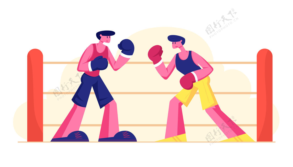 接触两个戴着手套的运动员在运动场上拳击动作搏击戒指
