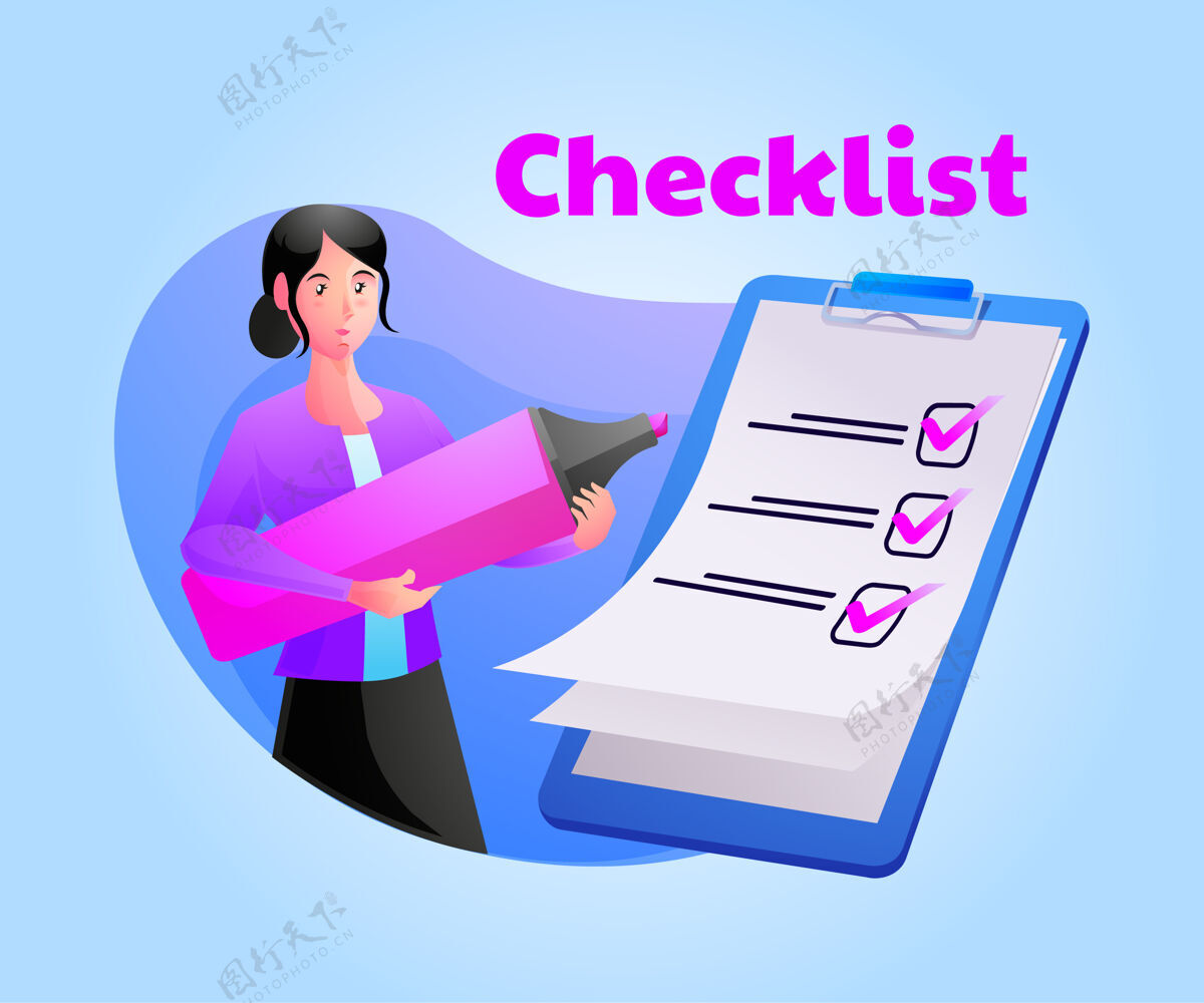业务女人完成剪贴板上的清单和文书工作复选框复选标记表格