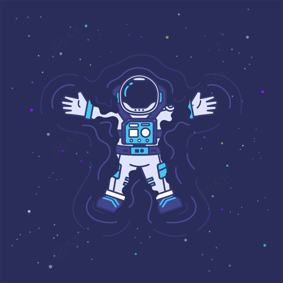 宇宙可爱的宇航员吉祥物字符游泳和漂浮在太空插图下沉吉祥物轨道
