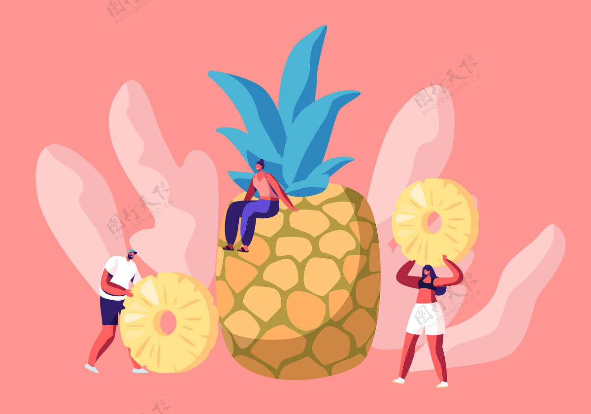 人类坐在巨大菠萝上的年轻女子和手里拿着菠萝片的小人人物素食健康
