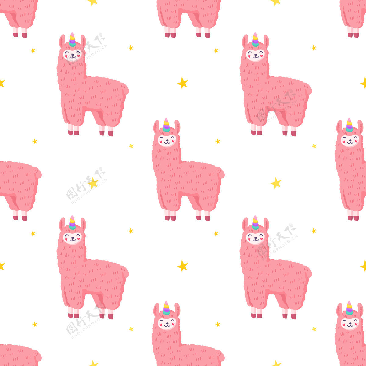 艺术可爱的美洲驼独角兽 无缝图案 粉色蓬松羊驼绘画织物粉色