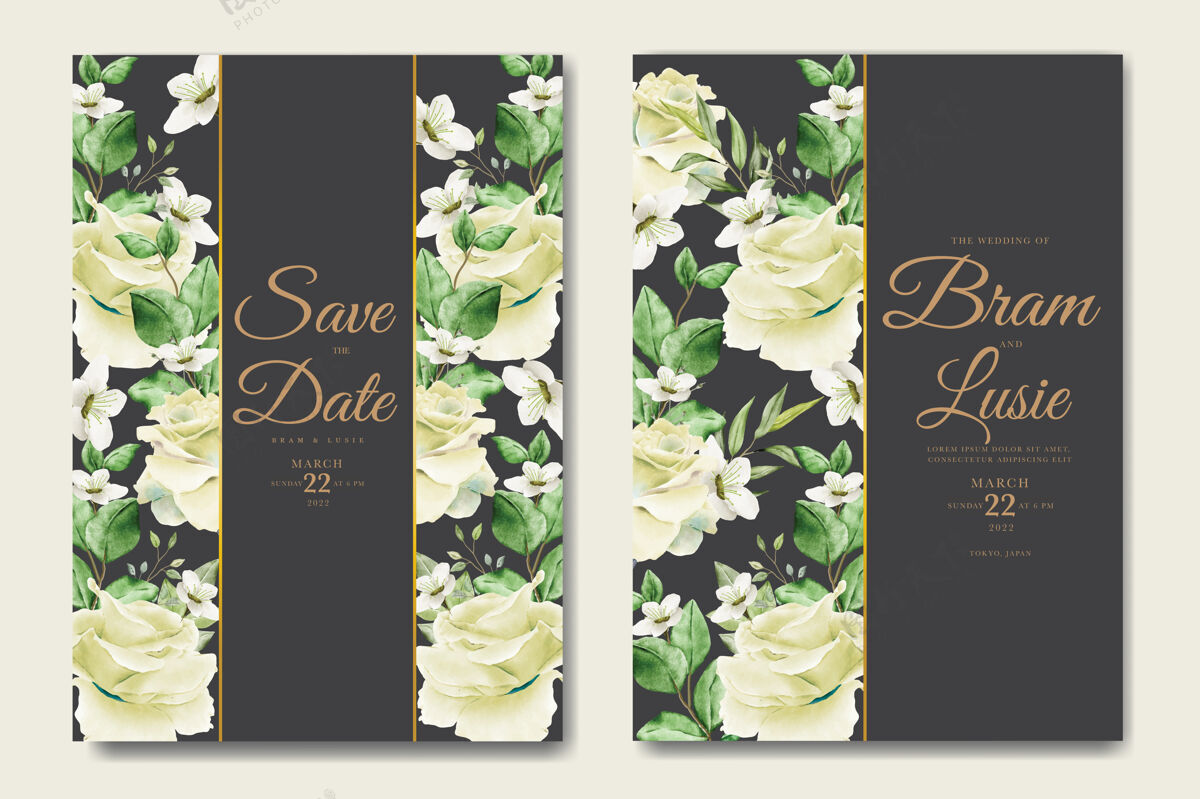 玫瑰美丽的手绘婚礼请柬花卉设计保存日期模板请柬