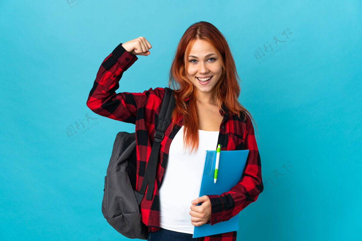 教育学生俄罗斯女子孤立上蓝做坚强的手势笔记坚强乐趣