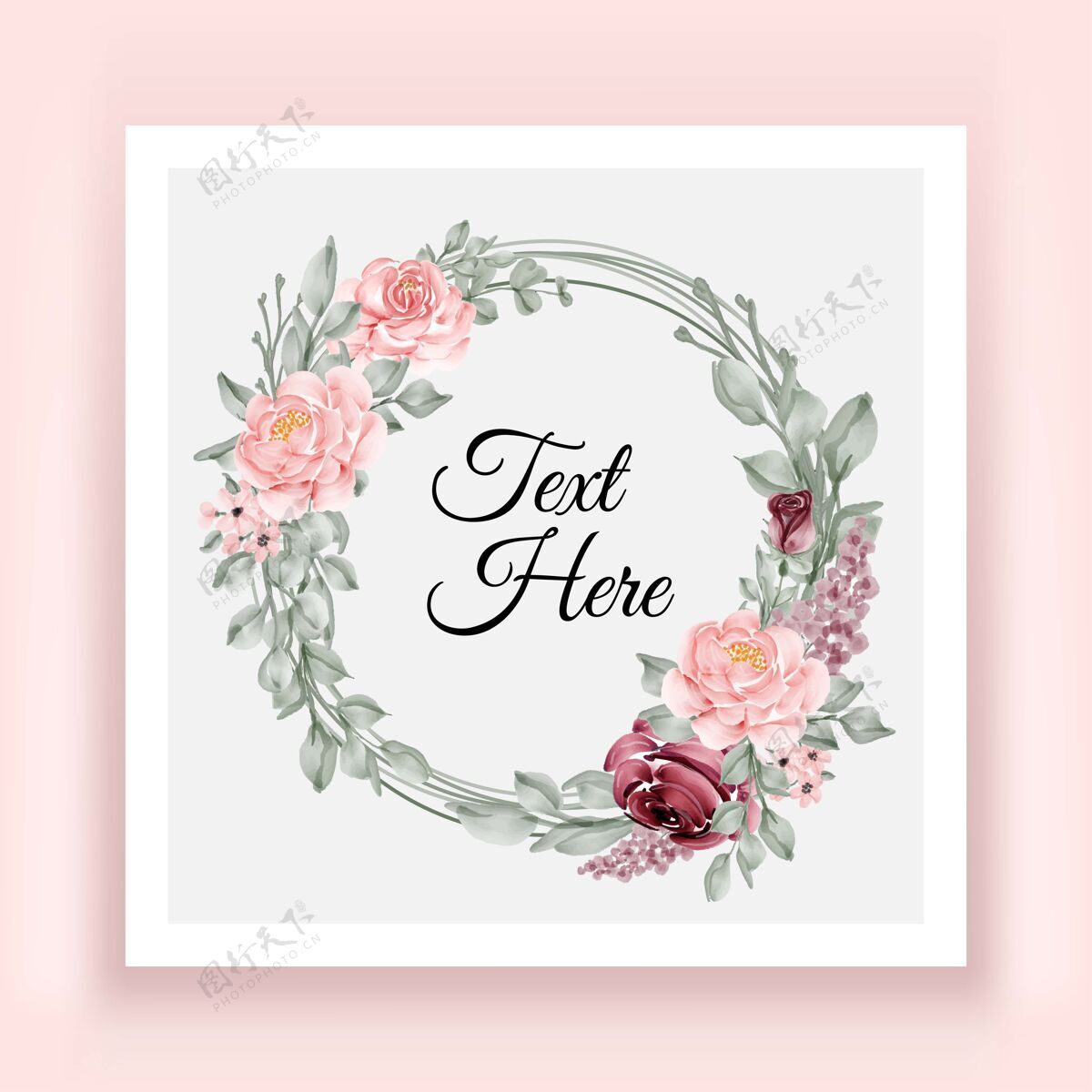 框架优雅的勃艮第和粉红色玫瑰花叶花环框架卡片装饰花卉