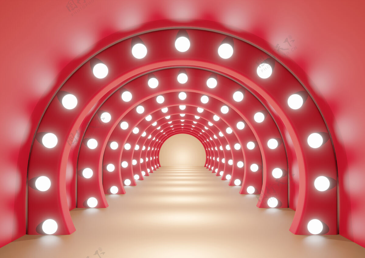 向上橙色走廊上的红色拱门或隧道 带照明背景3d渲染墙极简隧道