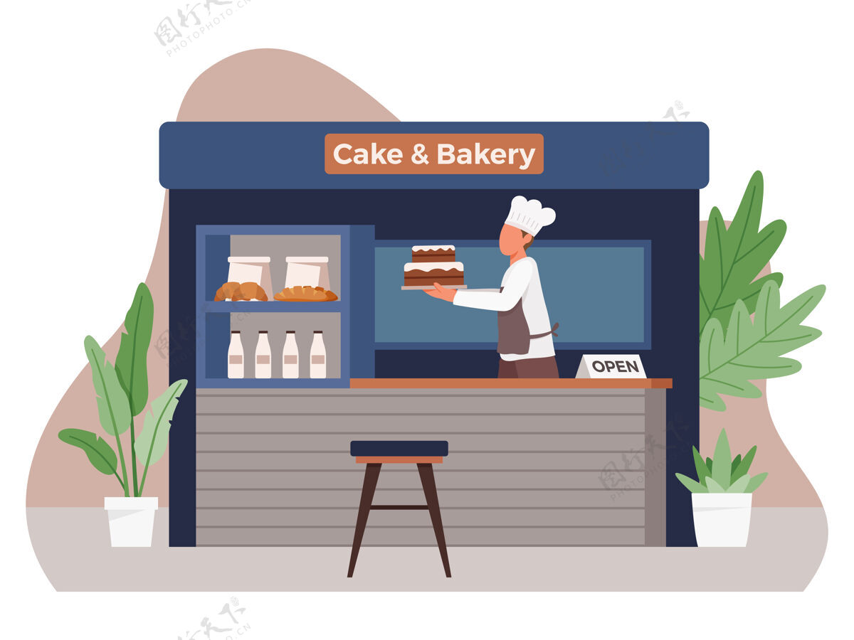 卡通小企业和自营职业的概念与男厨师做蛋糕商业面包托盘
