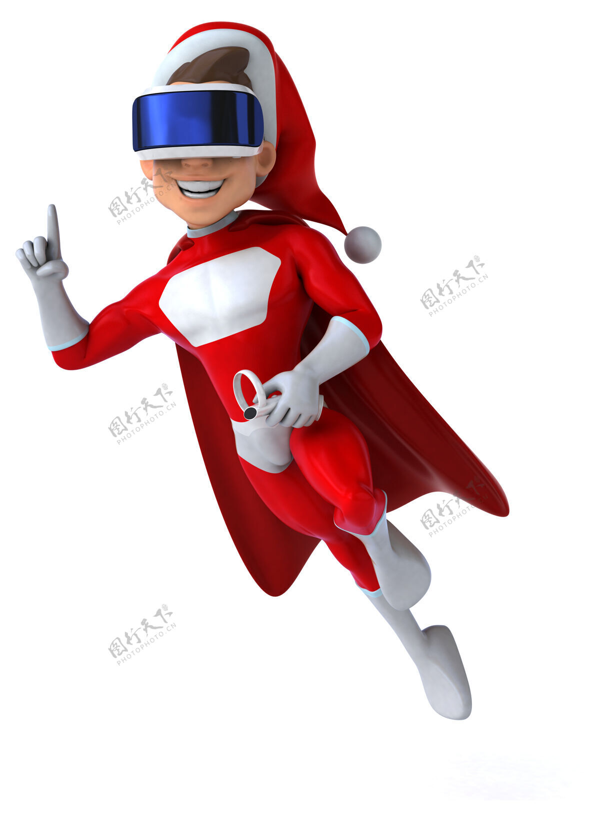 圣诞老人有趣的三维插图超级圣诞老人与虚拟现实头盔男人体验3d