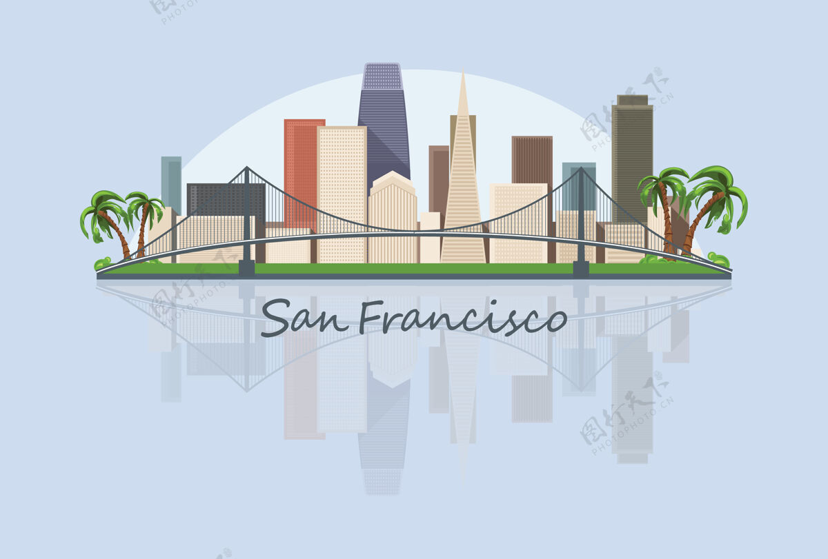 天空美国旧金山城市天际线插画全景著名城市