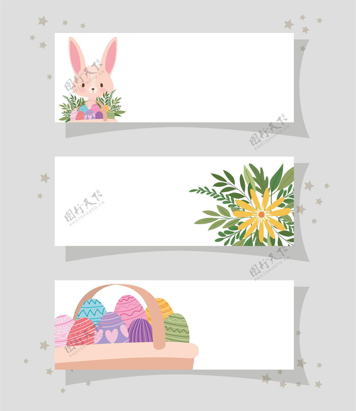 五颜六色一个可爱的粉红色兔子 黄色的花和一个装满复活节彩蛋的篮子插图设计的框架篮子兔子装饰