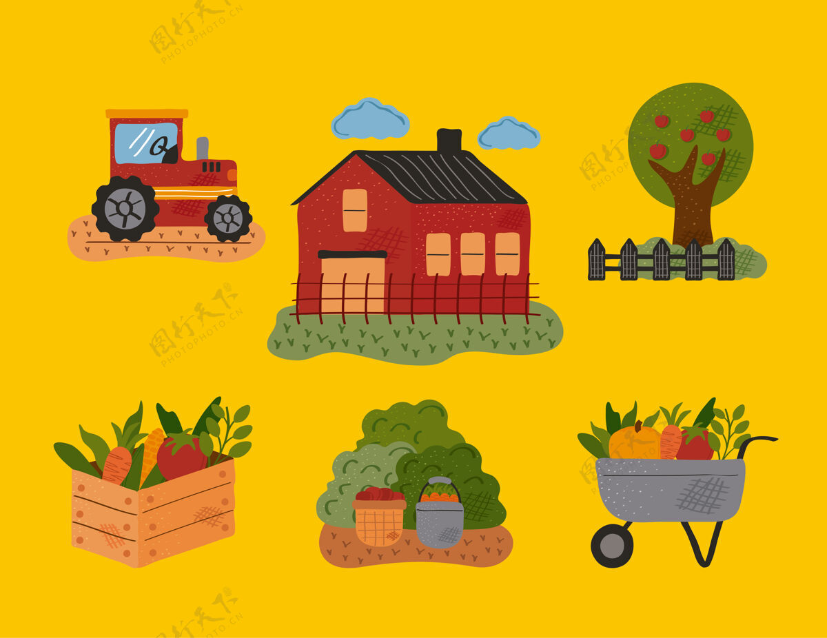 农村六个农场和农业图标捆绑集矢量插画设计谷仓建筑园艺
