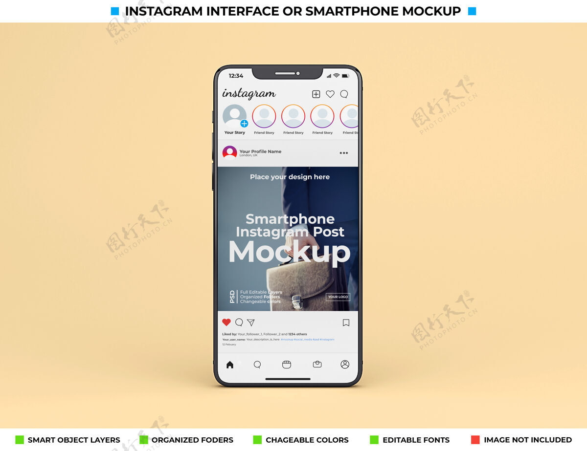 Instagram实体模型Instagram界面上的现代手机屏幕模型手机实体模型Instagram帖子社交媒体帖子