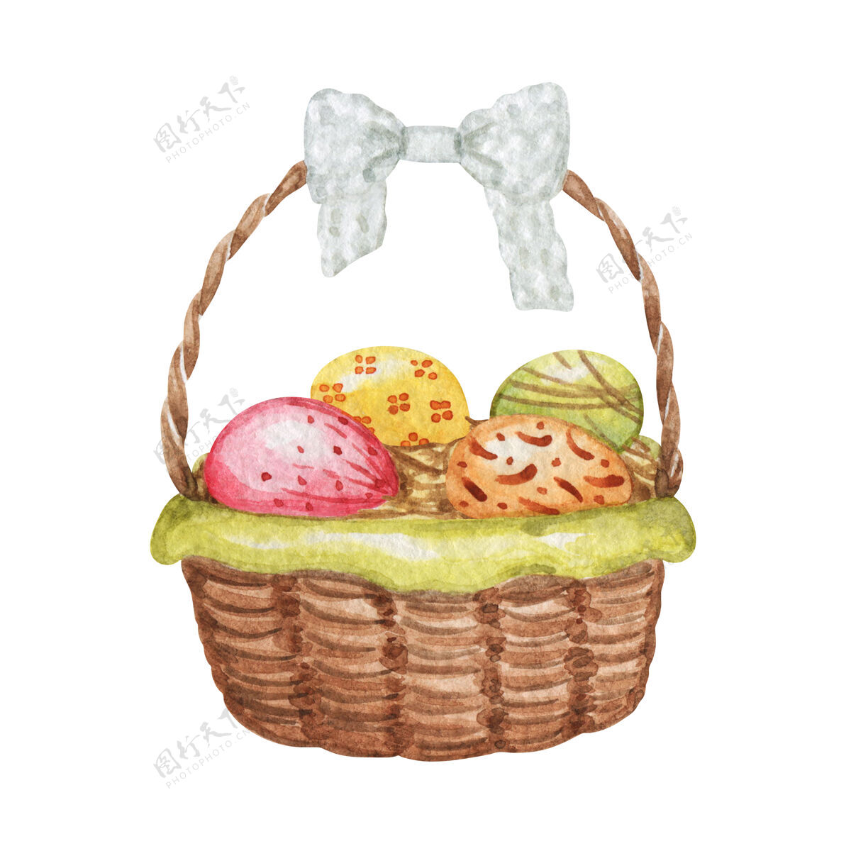 水彩画水彩复活节彩蛋篮子鸡蛋孤立 篮子鸡蛋插图 复活节装饰复活节装饰绘画春天