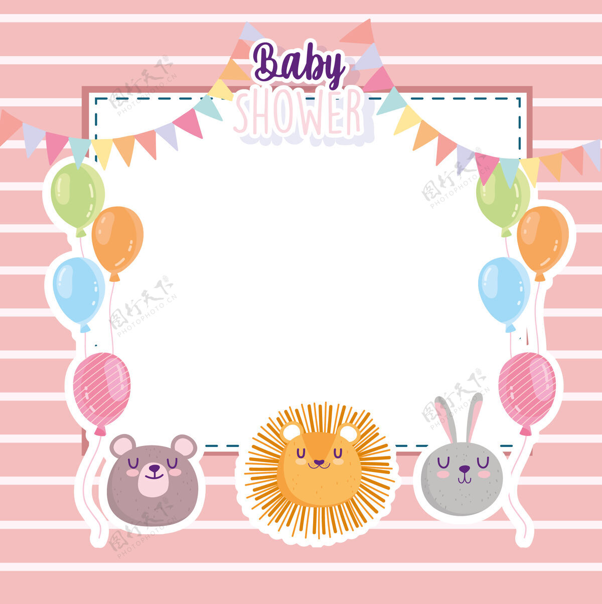 小婴儿淋浴 有趣的狮子兔和熊脸气球卡矢量插图邀请宝贝日期