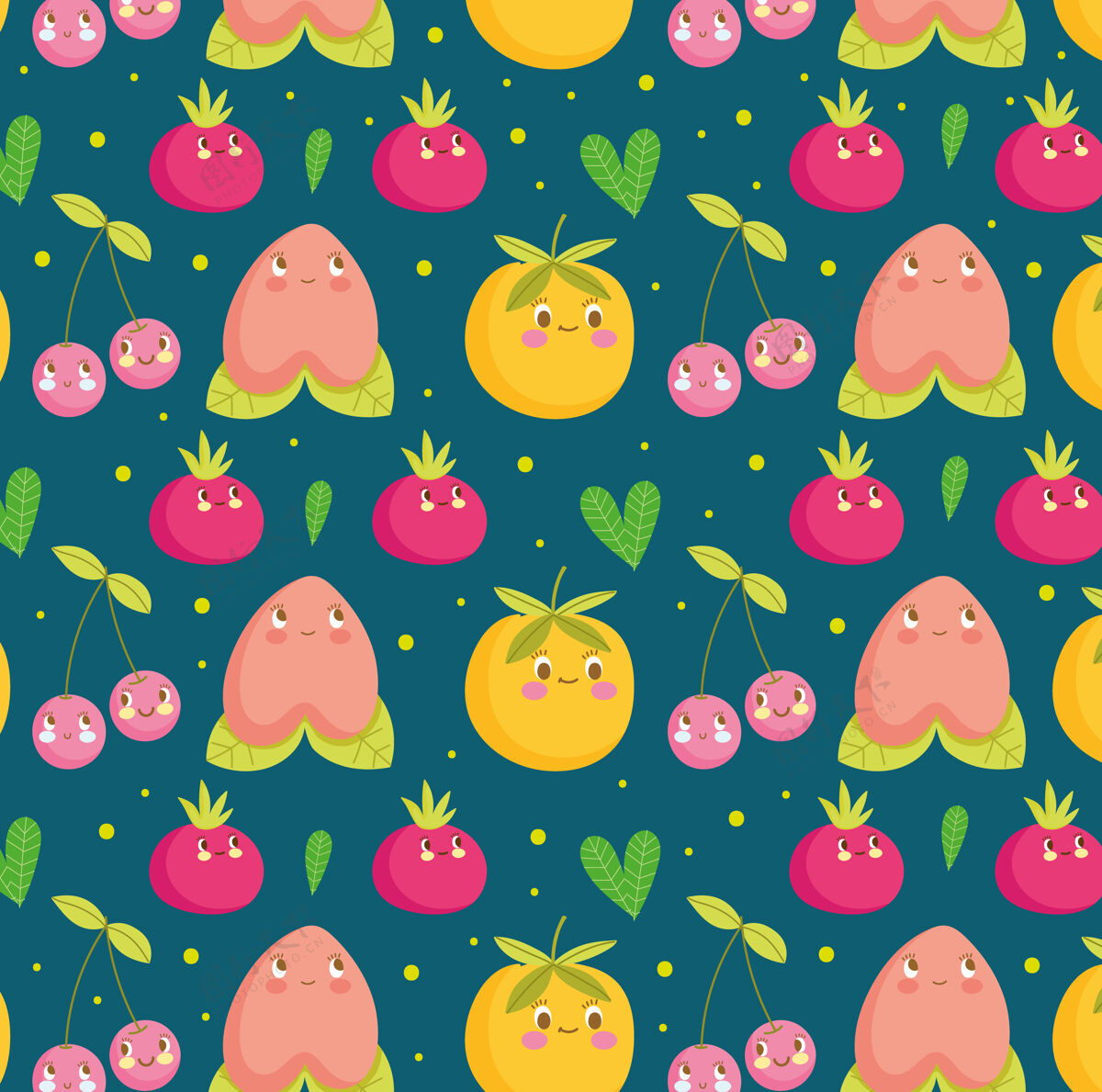 背景食物图案有趣快乐卡通可爱的水果和树叶矢量插图甜美墙纸水果