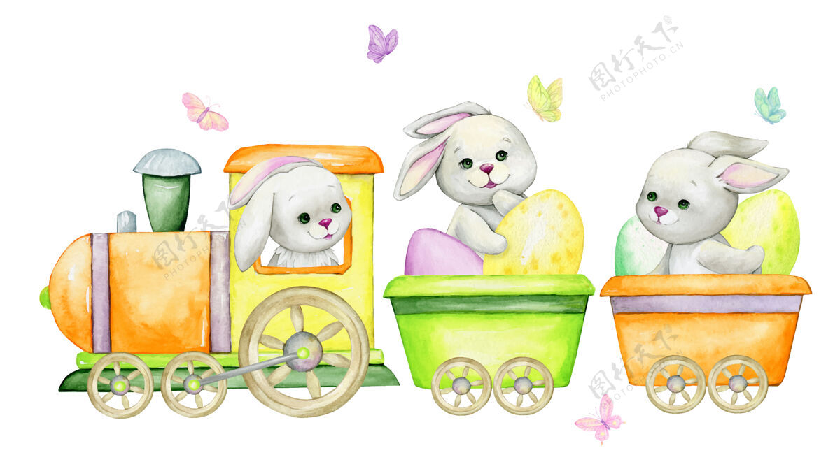 水彩兔子 骑在火车上 带着复活节彩蛋 周围都是兔子蝴蝶水彩画剪贴画 卡通风格 手绘假日火车头运输