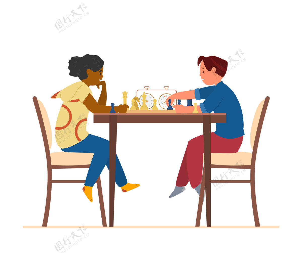 桌子男孩和女孩坐在桌子旁下棋女孩游戏教育