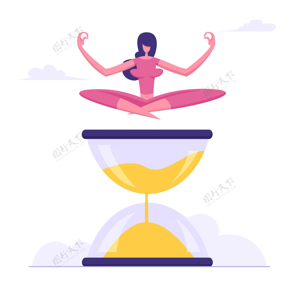 平衡女人盘腿坐在沙漏平面图冥想时间消费积极