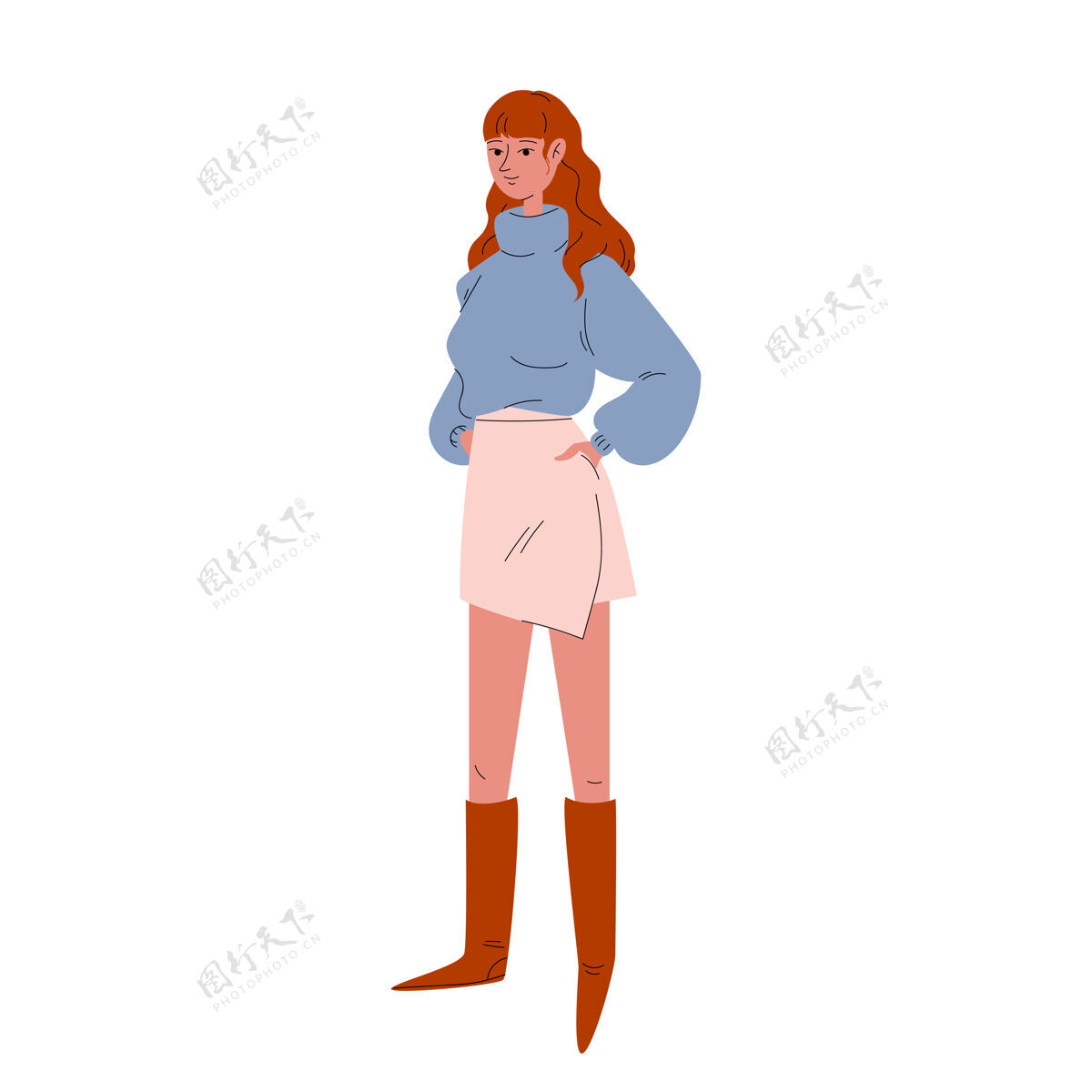 平底鞋一个穿着短裙 蓝色毛衣 棕色高腰的年轻漂亮女人布茨·安穿着现代休闲服的成年女孩女孩裙子卡通