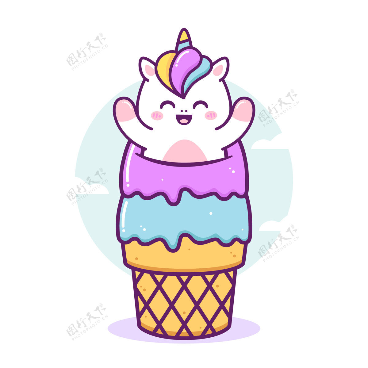 动物可爱快乐的独角兽在冰淇淋里玩宠物独角兽吉祥物