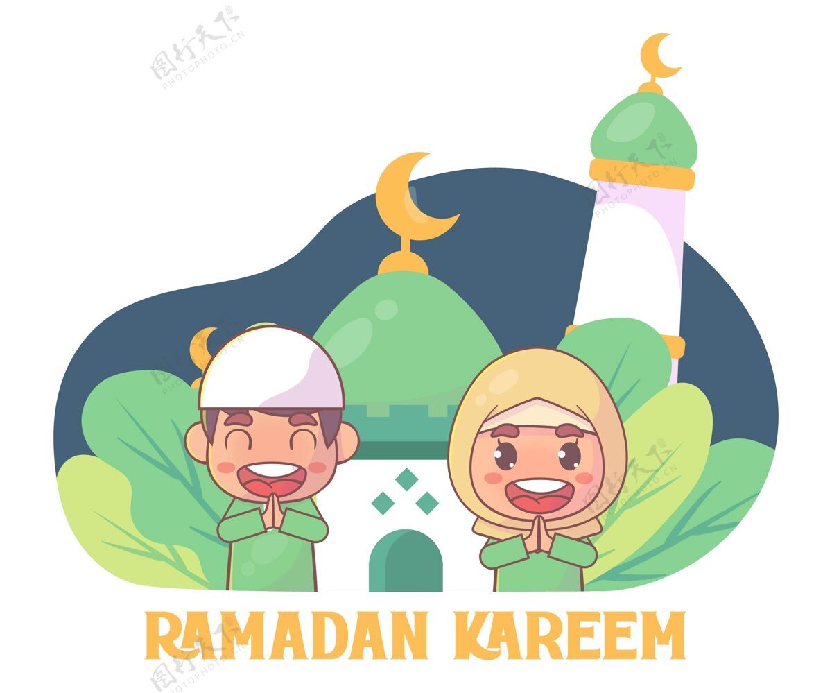 祈祷可爱的穆斯林男孩和女孩欢迎斋月卡里姆清真寺斋月穆斯林