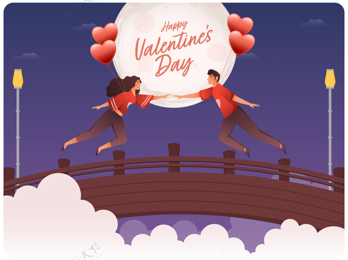 夜间在满月桥的背景下 一对年轻的浪漫情侣带着心气球飞翔浪漫爱男孩