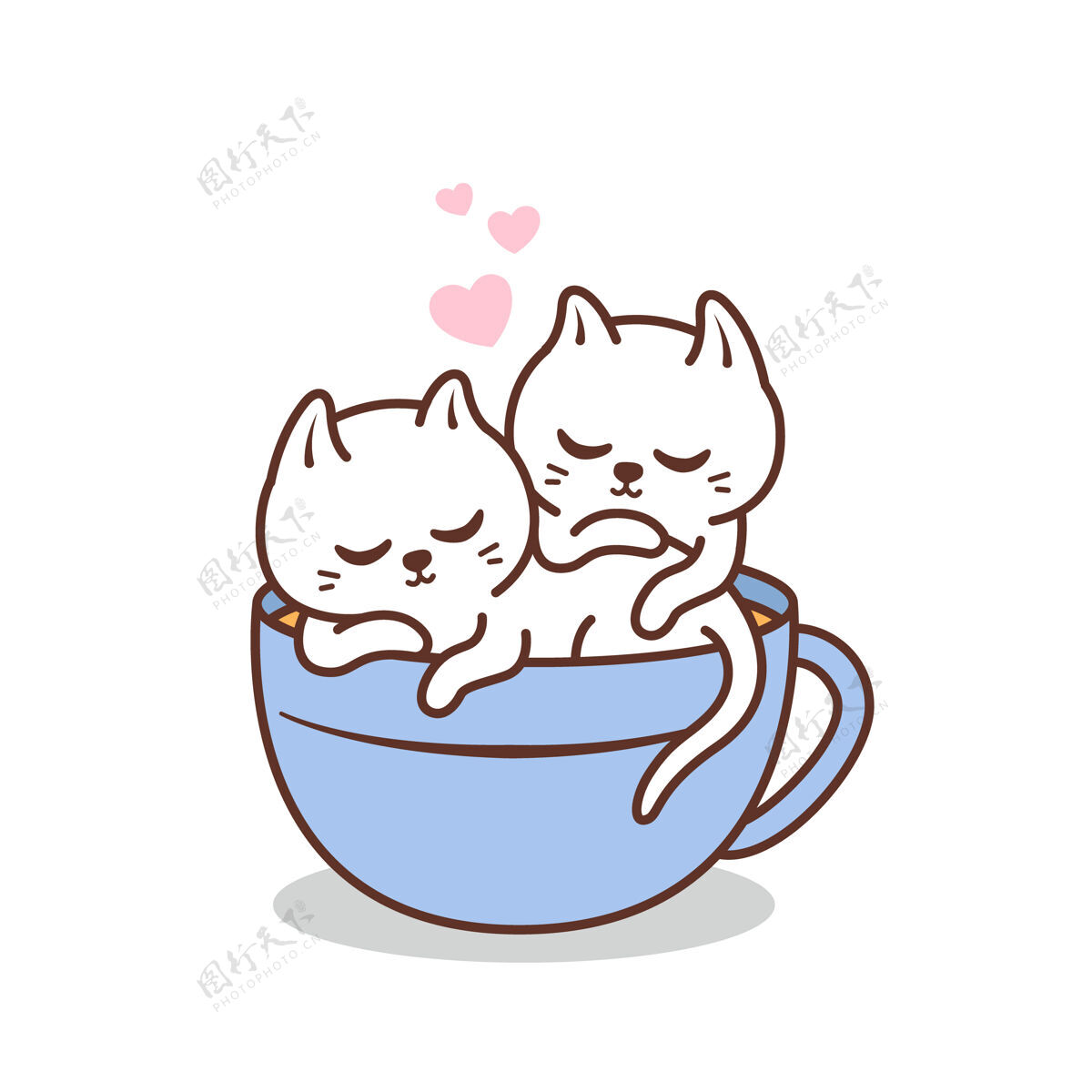 卡瓦伊可爱的一对白猫在咖啡杯里吉祥物猫动物