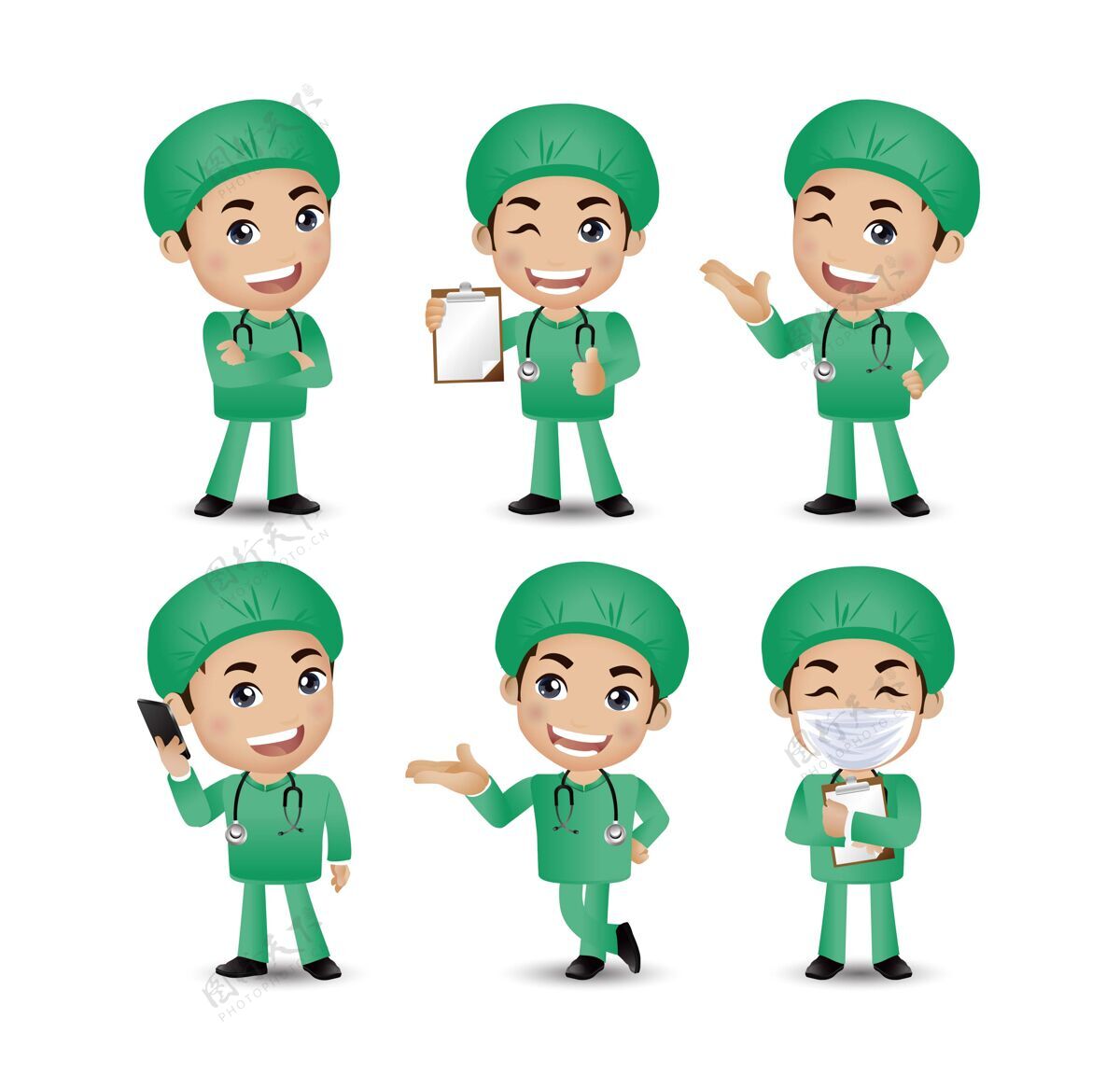 治疗职业-不同姿势的医生护理人员诊所护理