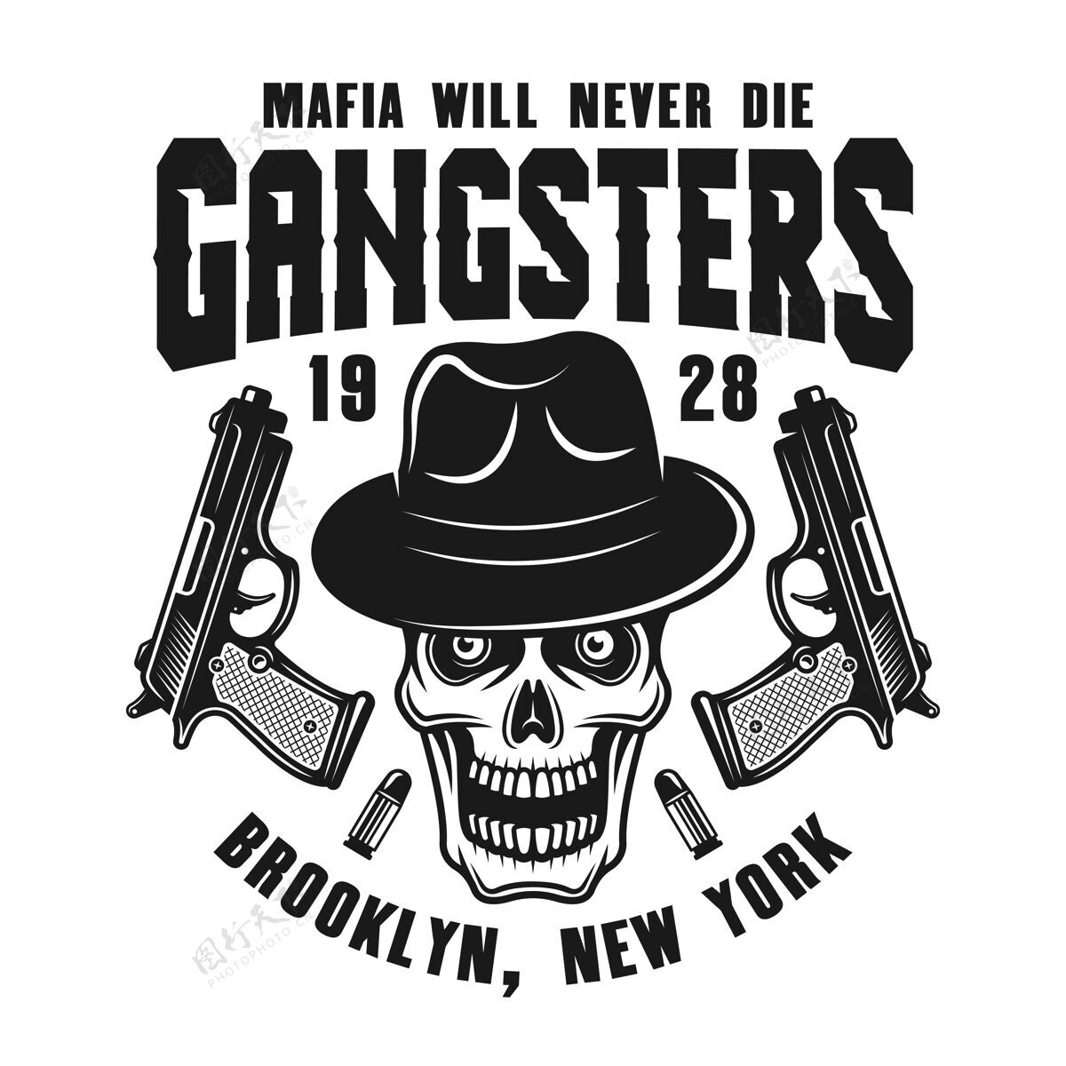 美国人黑手党的徽章 帽子里有骷髅头和两把枪枪歹徒古董