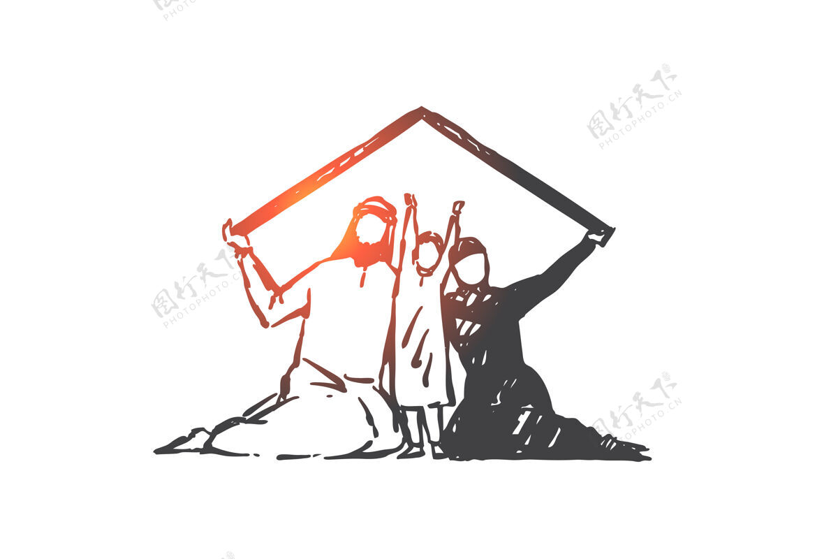 保护家庭保护 团结 概念说明涂鸦穆斯林房子