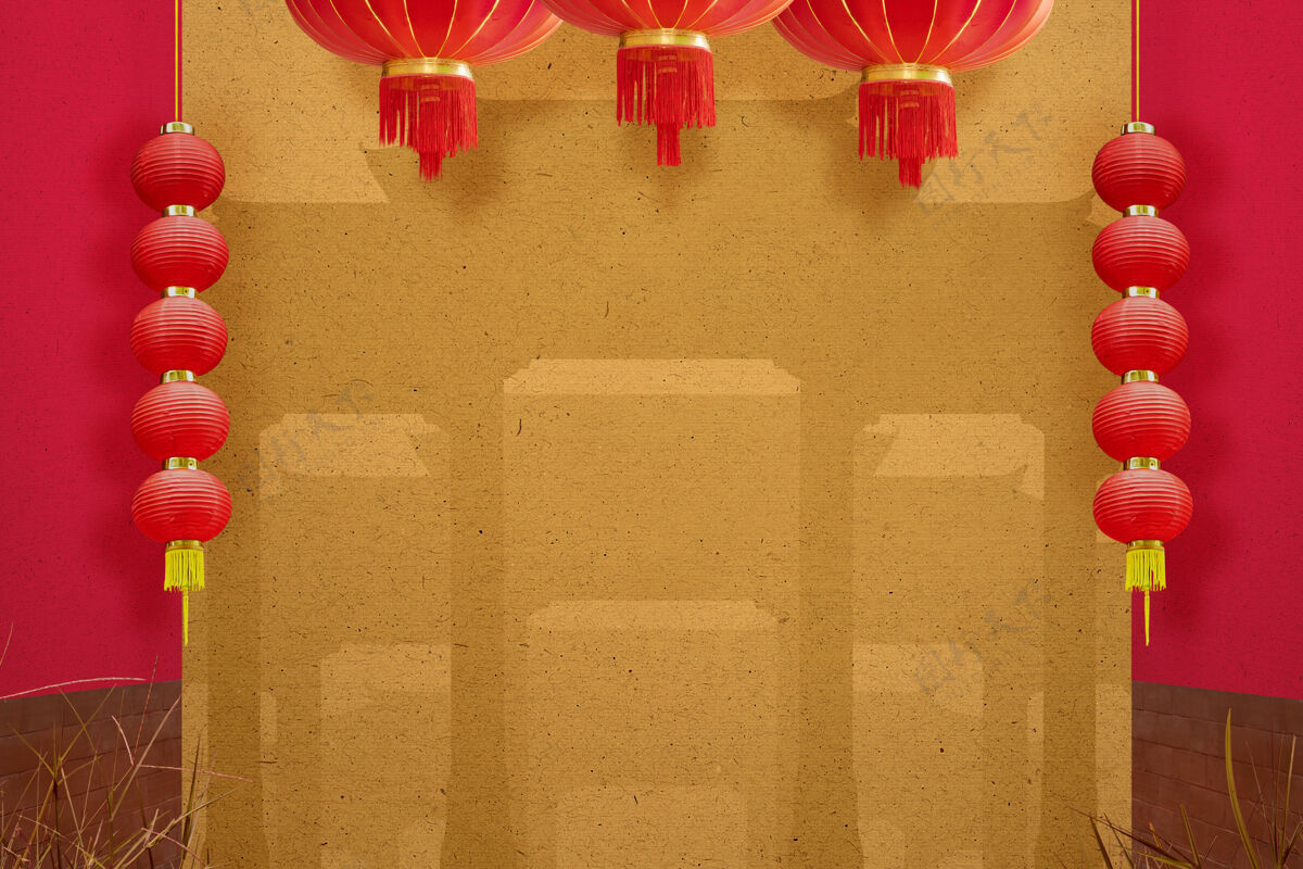 文化挂着红花墙的中国灯笼幸运明亮照明