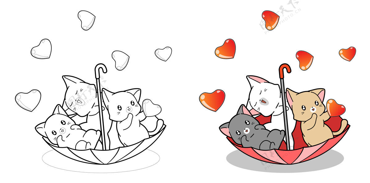 浪漫可爱的猫是在雨伞里用爱的卡通彩页宠物动物心