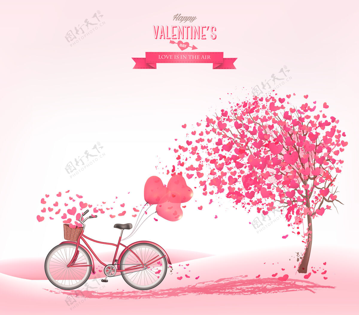爱情人节背景是一棵心形的树和一辆自行车心礼物问候