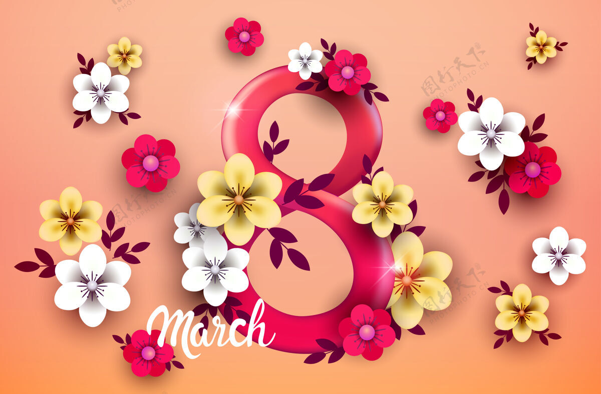 浪漫优雅的8数字妇女节3月8日假日庆祝横幅传单或贺卡与鲜花水平插图横向明信片