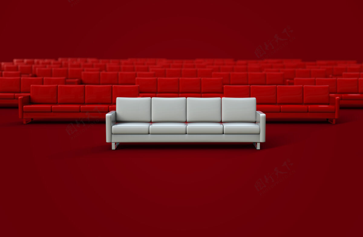 休息室红色背景上的白色真皮沙发3d渲染经典渲染轻松