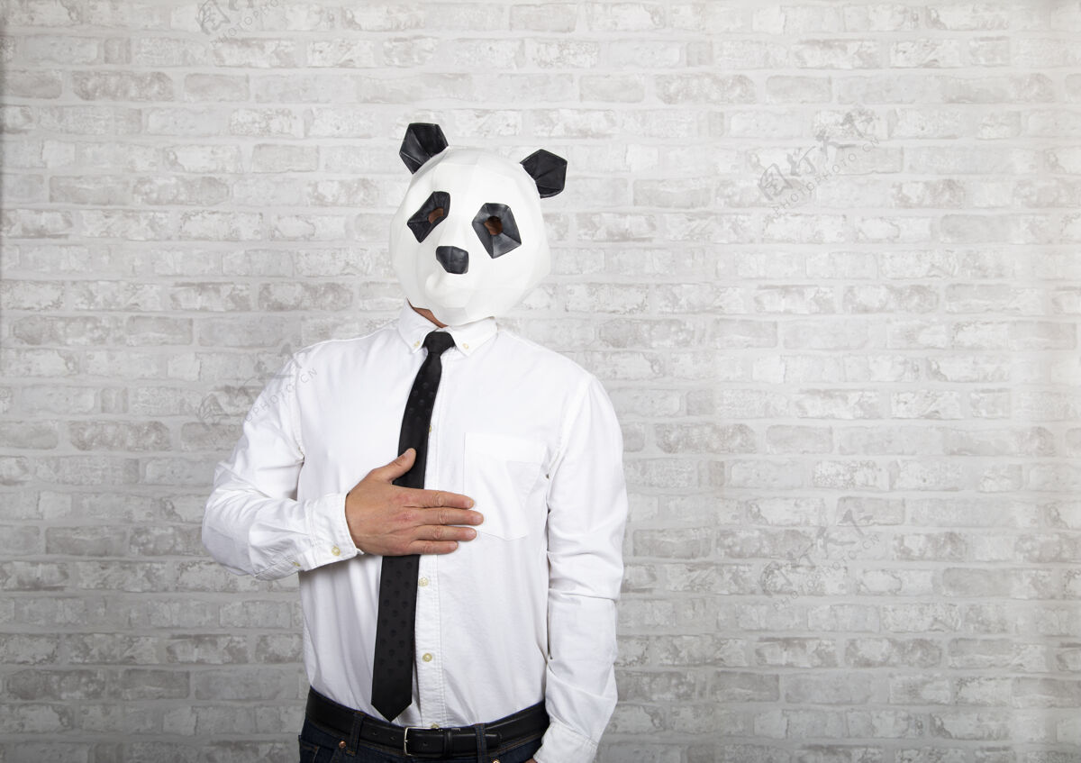 人一个戴领带和熊猫熊头的男人的肖像动物严重不寻常