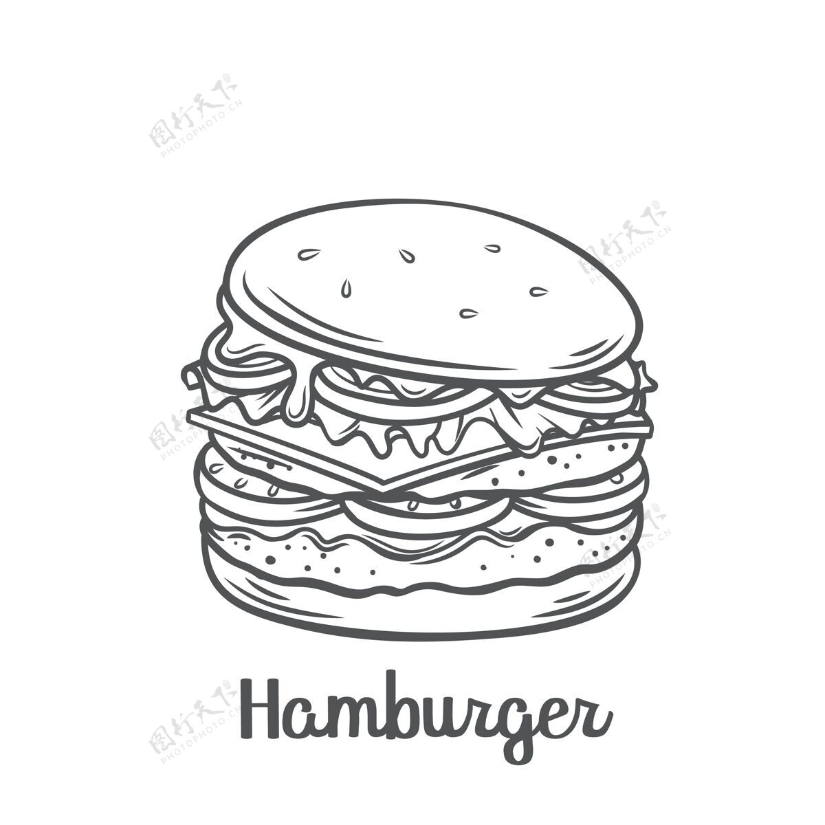 一餐汉堡包或芝士汉堡配美国国旗串图标.绘制快餐外卖餐的菜单咖啡馆设计快餐经典素描