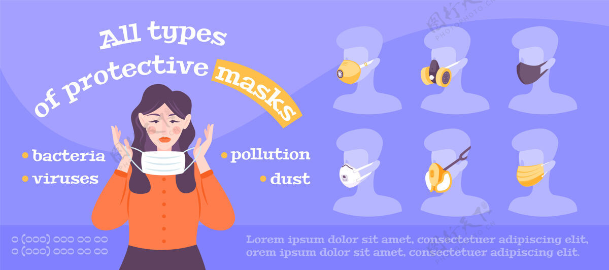 保护防护口罩横幅设有平呼吸口罩 防止冠状病毒感染污染水平感染平面风格